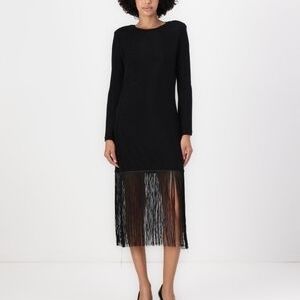 DKNY Urban Essentials Black Long Sleeve Fringe Dress